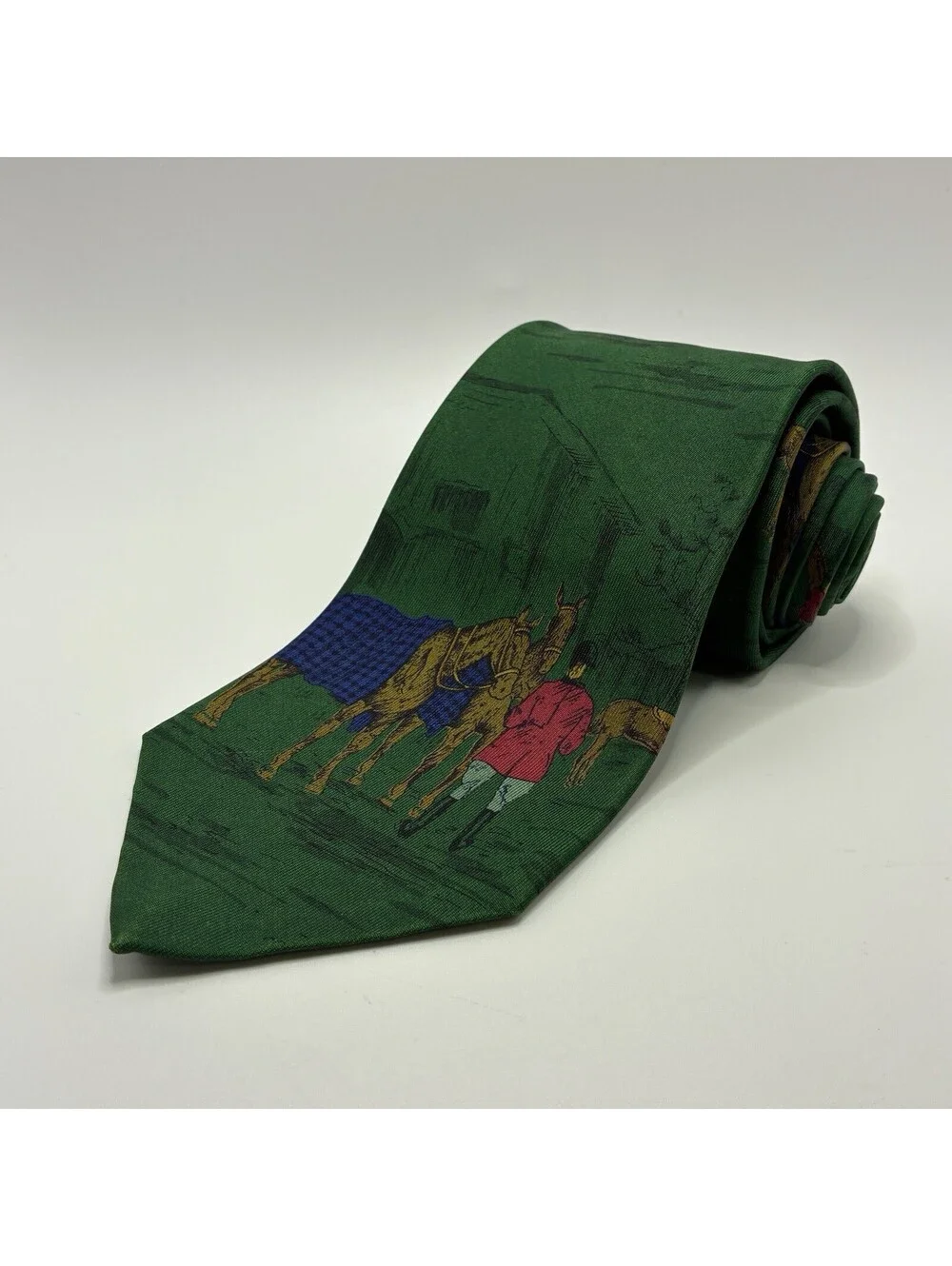 VINTAGE Polo Ralph Lauren Neck Tie Men Green Silk Horse Equestrian English USA